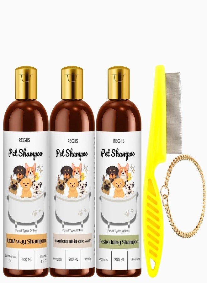 REGIIS Pet Shampoo Set, Dog Grooming Kit with Itch Away, All-in-One Wash, Deshedding Formula, 3 Bottles 200ml Each, Includes Flea Comb(4 Pack) - Image 1